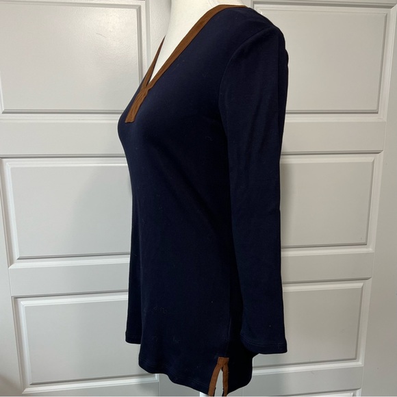 Ralph Lauren Navy Blue Long Sleeve Tunic Top with Brown Faux Suede Trim Detail - Picture 2 of 5